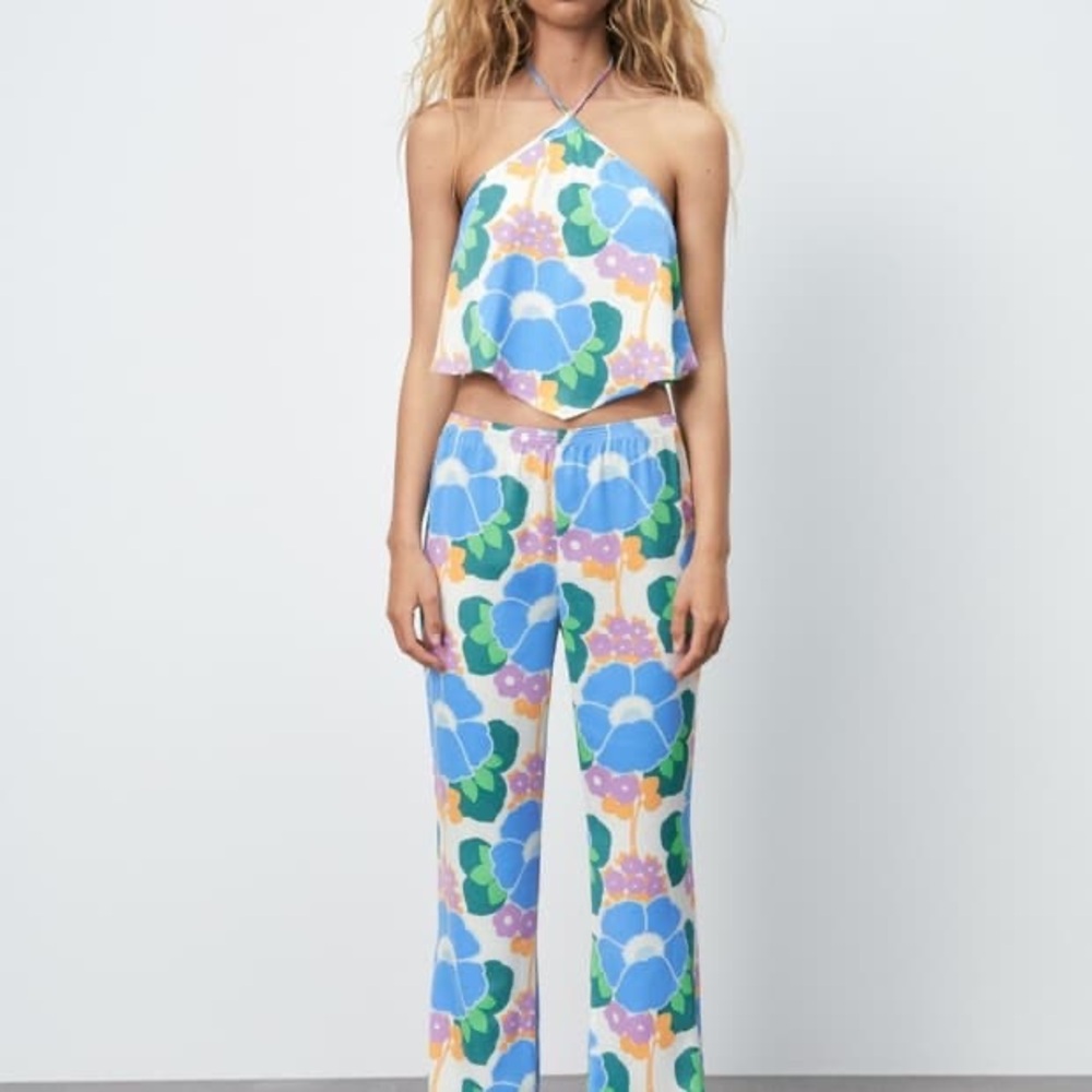 Zara Floral Halter Top & High-Waist Trousers Set – Size Small